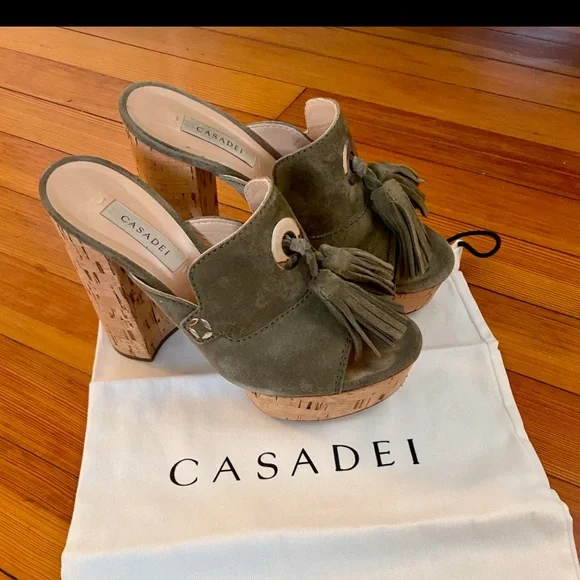 Casadei Olive Suede Cork Heel Platform Sandal. Size 36 (6) - Picture 1 of 7
